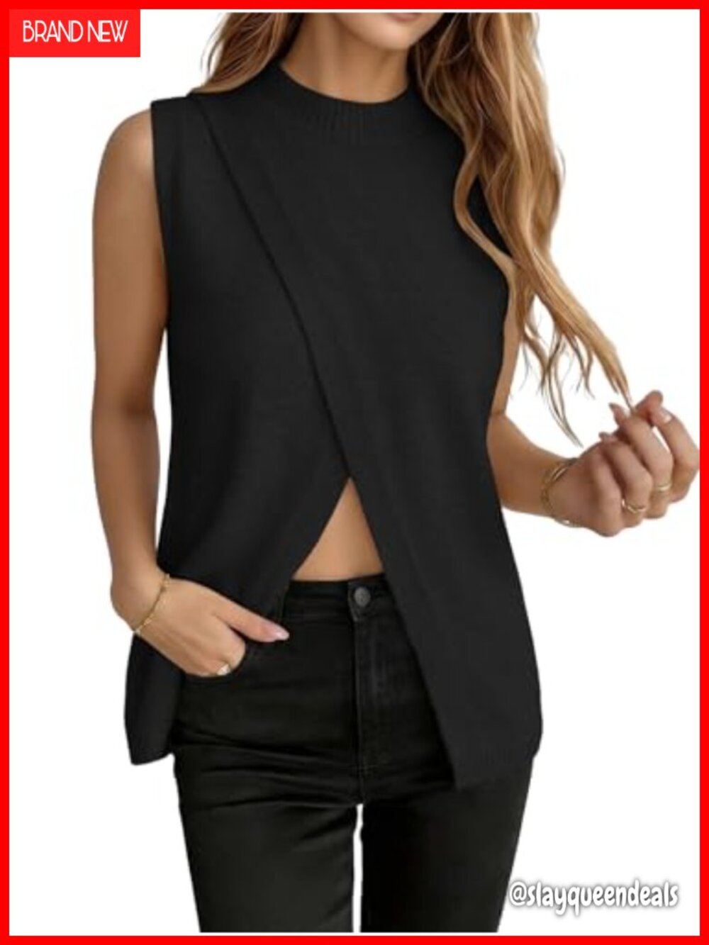 Sweater Vest Mock Neck Split Asymmetric Hem Sleeveless Knit Pullover Top